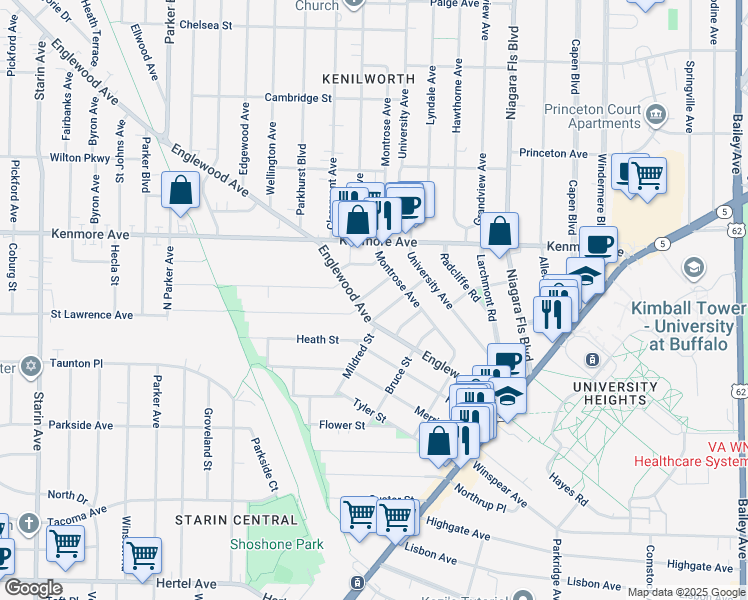 map of restaurants, bars, coffee shops, grocery stores, and more near 11 Montcalm Street in Buffalo