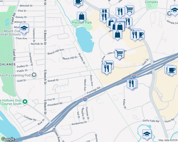 map of restaurants, bars, coffee shops, grocery stores, and more near 565 Gold Street in Manchester