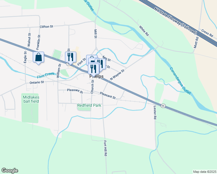 map of restaurants, bars, coffee shops, grocery stores, and more near 58 Main Street in Phelps