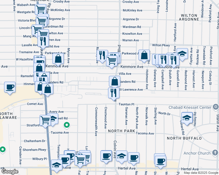 map of restaurants, bars, coffee shops, grocery stores, and more near 265 Sanders Road in Buffalo