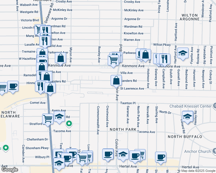 map of restaurants, bars, coffee shops, grocery stores, and more near 227 Sanders Road in Buffalo