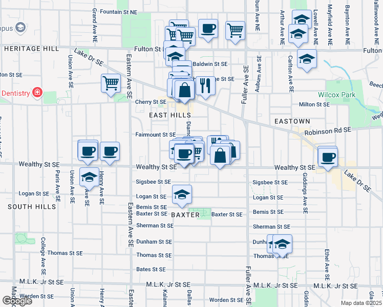 map of restaurants, bars, coffee shops, grocery stores, and more near 324 Diamond Avenue Southeast in Grand Rapids