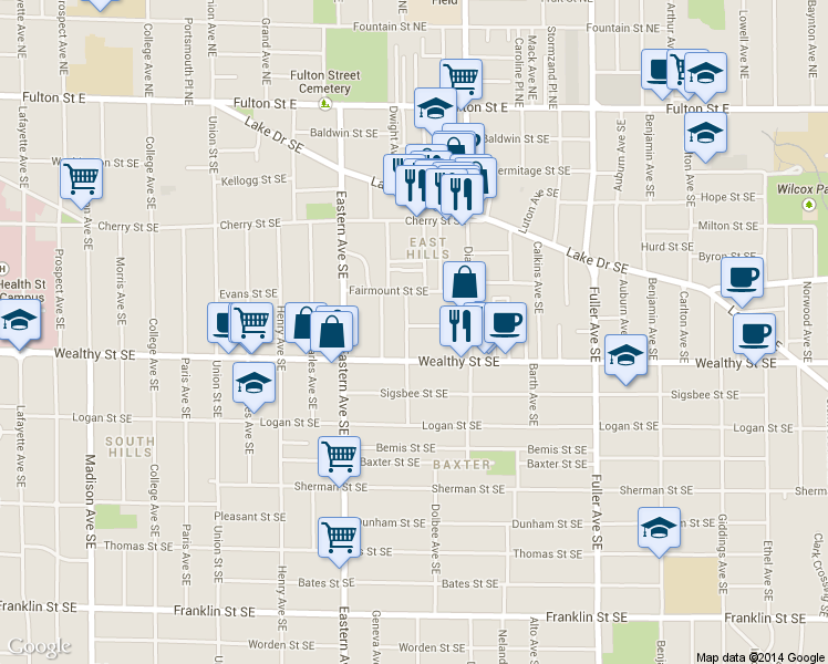 map of restaurants, bars, coffee shops, grocery stores, and more near 315 Eureka Avenue Southeast in Grand Rapids