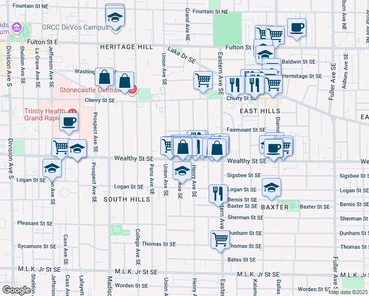 map of restaurants, bars, coffee shops, grocery stores, and more near 309 James Avenue Southeast in Grand Rapids