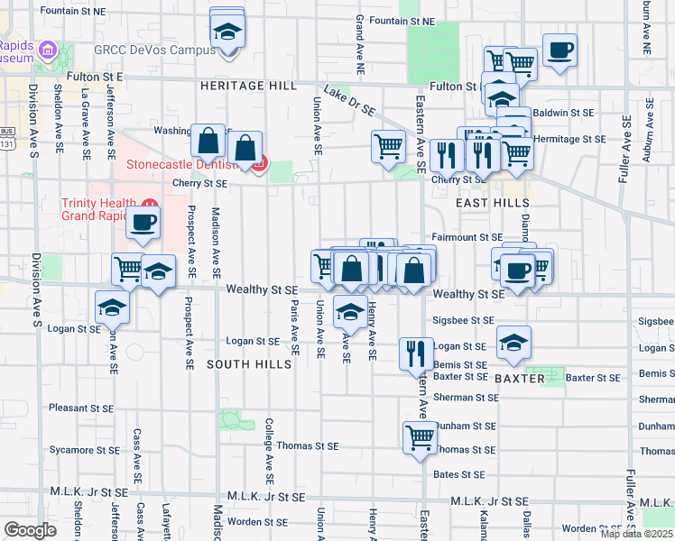map of restaurants, bars, coffee shops, grocery stores, and more near 309 James Avenue Southeast in Grand Rapids