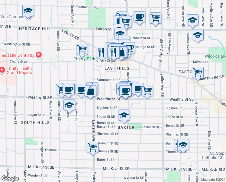 map of restaurants, bars, coffee shops, grocery stores, and more near 338 Eureka Avenue Southeast in Grand Rapids