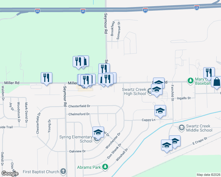 map of restaurants, bars, coffee shops, grocery stores, and more near 8816-8998 Miller Road in Swartz Creek