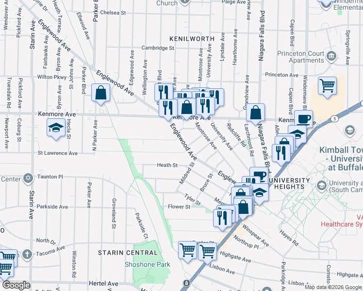 map of restaurants, bars, coffee shops, grocery stores, and more near 1412 6 Nicholson Street in Buffalo