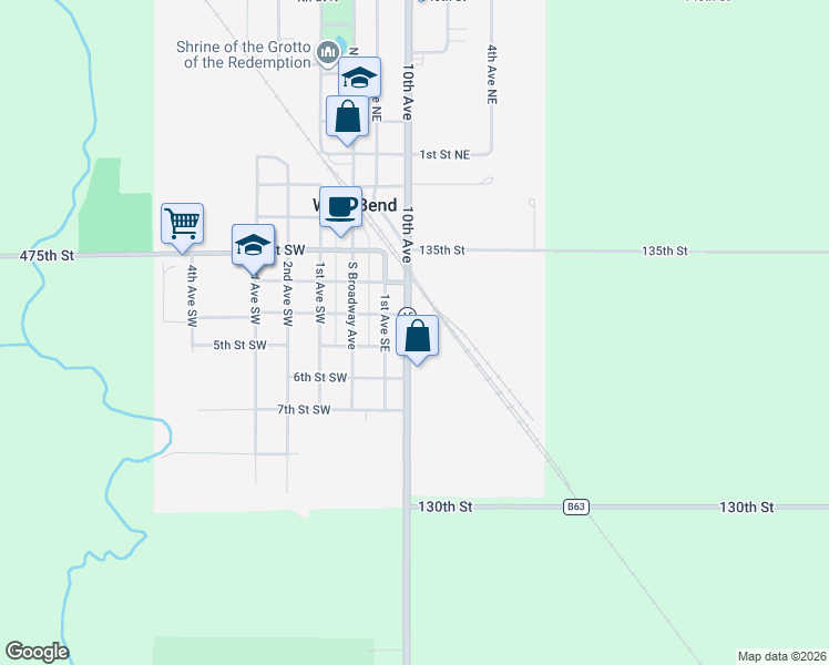 map of restaurants, bars, coffee shops, grocery stores, and more near 404 2nd Avenue Southeast in West Bend
