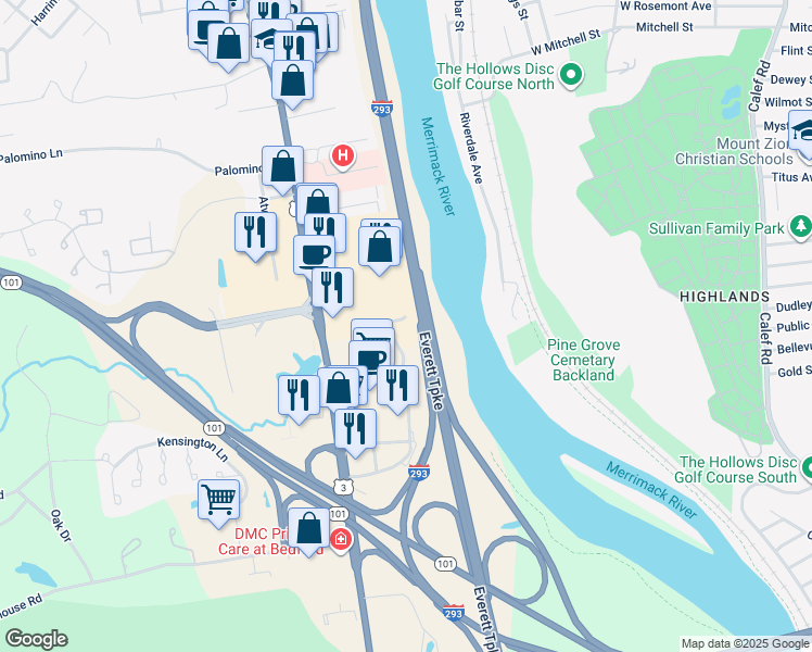 map of restaurants, bars, coffee shops, grocery stores, and more near 107 South River Road in Bedford