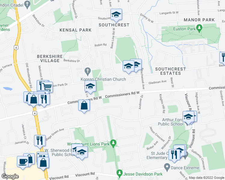 map of restaurants, bars, coffee shops, grocery stores, and more near 339 Commissioners Road West in London