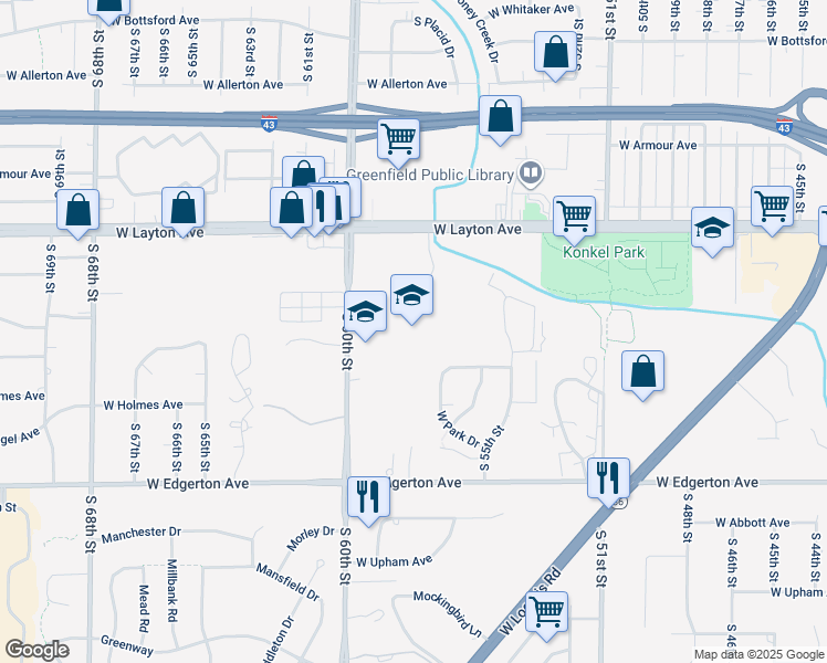 map of restaurants, bars, coffee shops, grocery stores, and more near 4800 South 60th Street in Greenfield