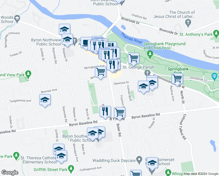 map of restaurants, bars, coffee shops, grocery stores, and more near 357 Boler Road in London