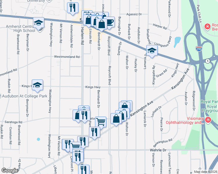 map of restaurants, bars, coffee shops, grocery stores, and more near Roycroft Boulevard in Erie County