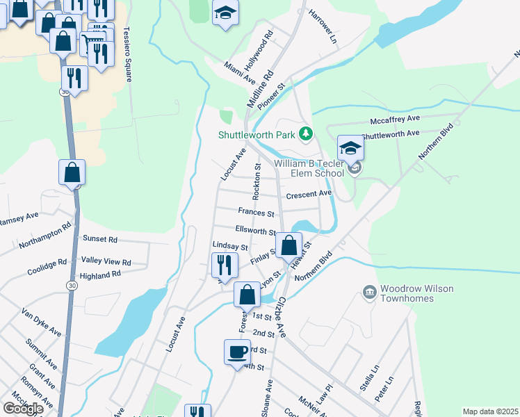 map of restaurants, bars, coffee shops, grocery stores, and more near 234 Clizbe Avenue in Amsterdam