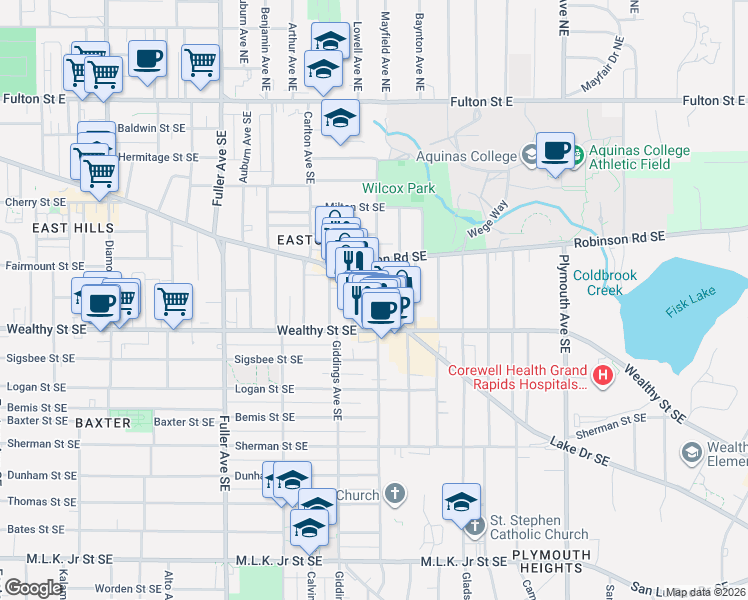 map of restaurants, bars, coffee shops, grocery stores, and more near 1443 Genessee Street Southeast in Grand Rapids