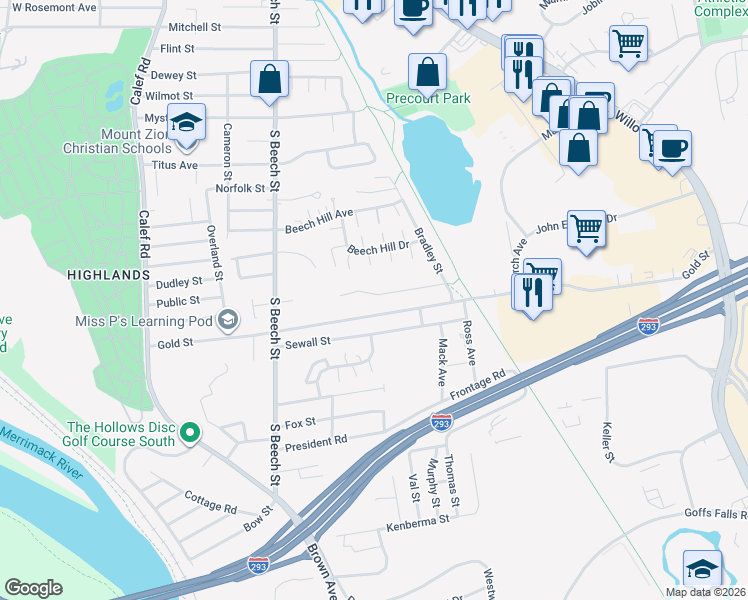 map of restaurants, bars, coffee shops, grocery stores, and more near 63 Sentinel Court in Manchester