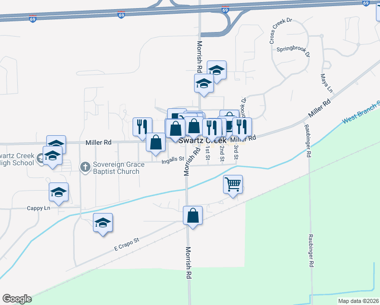 map of restaurants, bars, coffee shops, grocery stores, and more near 5023 Holland Dr in Swartz Creek