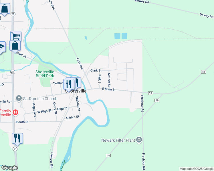 map of restaurants, bars, coffee shops, grocery stores, and more near 12 Mather Street in Shortsville