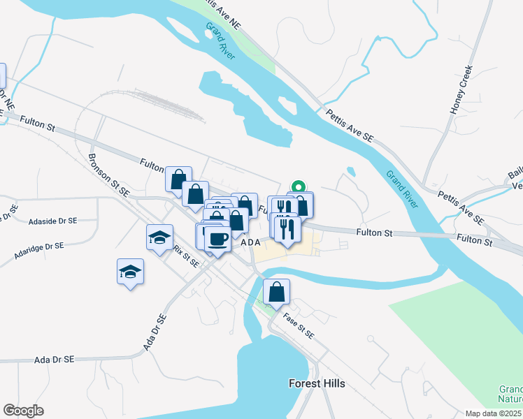 map of restaurants, bars, coffee shops, grocery stores, and more near 7466-7630 Fulton Street East in Ada