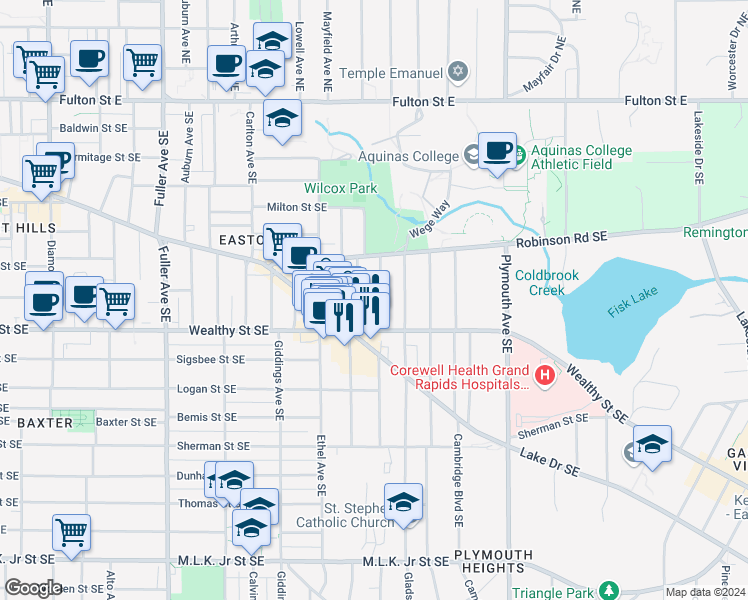 map of restaurants, bars, coffee shops, grocery stores, and more near 327 Woodmere Avenue Southeast in Grand Rapids