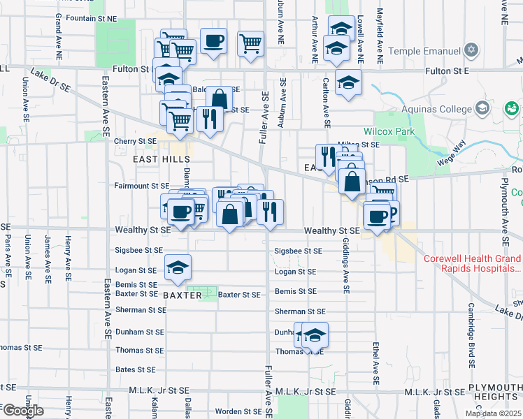 map of restaurants, bars, coffee shops, grocery stores, and more near 316 Fuller Avenue Southeast in Grand Rapids