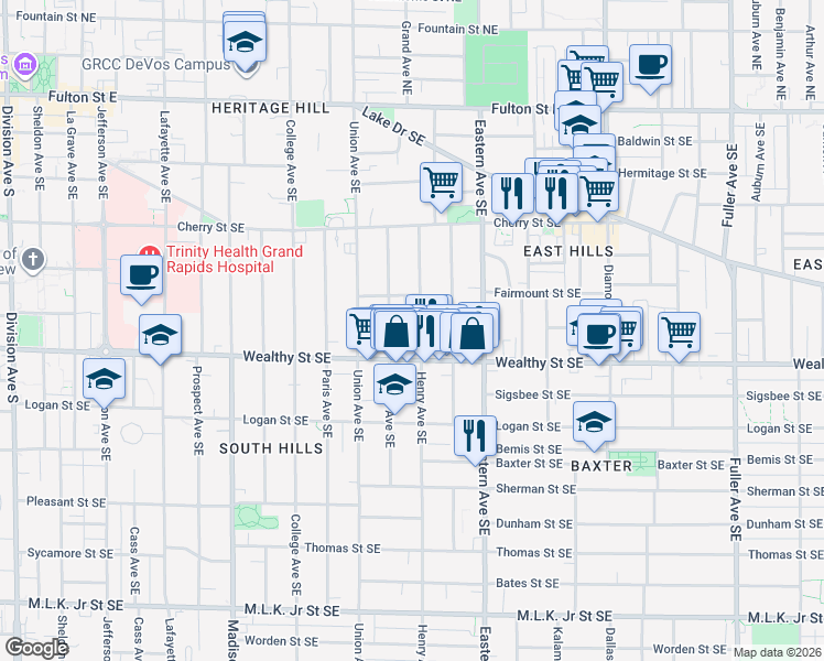 map of restaurants, bars, coffee shops, grocery stores, and more near 316 Henry Avenue Southeast in Grand Rapids