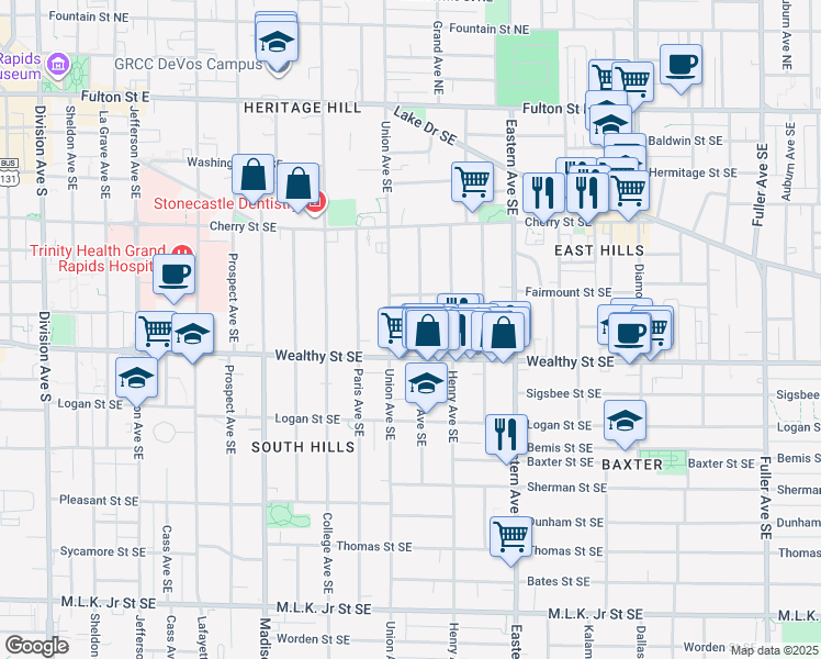 map of restaurants, bars, coffee shops, grocery stores, and more near 309 James Avenue Southeast in Grand Rapids