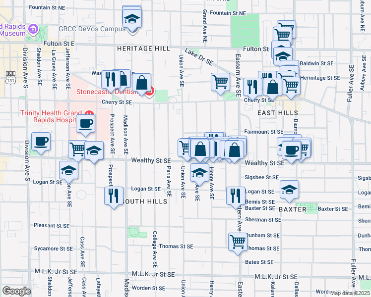 map of restaurants, bars, coffee shops, grocery stores, and more near 311 Union Avenue Southeast in Grand Rapids