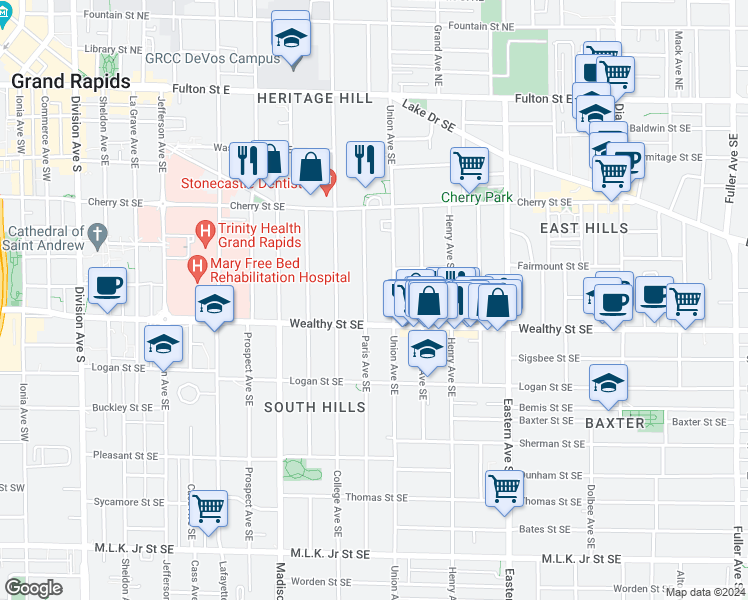 map of restaurants, bars, coffee shops, grocery stores, and more near 311 Union Avenue Southeast in Grand Rapids