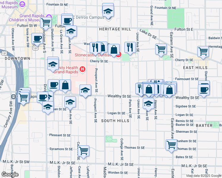 map of restaurants, bars, coffee shops, grocery stores, and more near 312 Morris Avenue Southeast in Grand Rapids