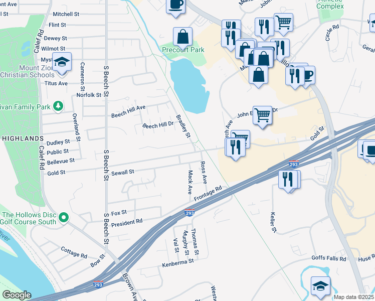 map of restaurants, bars, coffee shops, grocery stores, and more near 518 Gold Street in Manchester