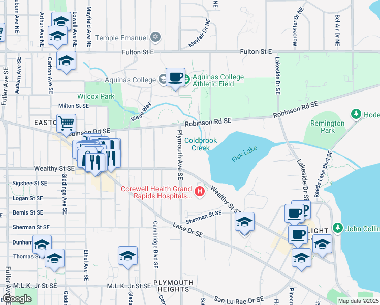 map of restaurants, bars, coffee shops, grocery stores, and more near 330 Plymouth Avenue Southeast in East Grand Rapids