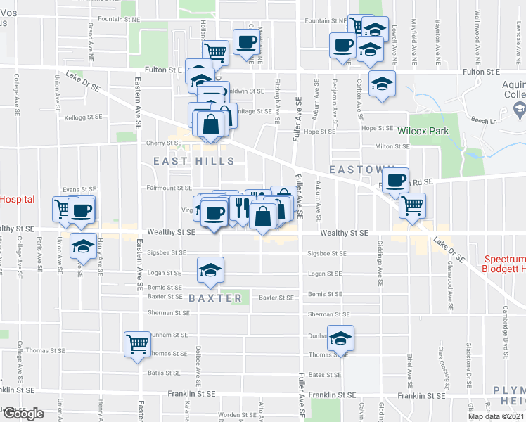 map of restaurants, bars, coffee shops, grocery stores, and more near 343 Calkins Avenue Southeast in Grand Rapids