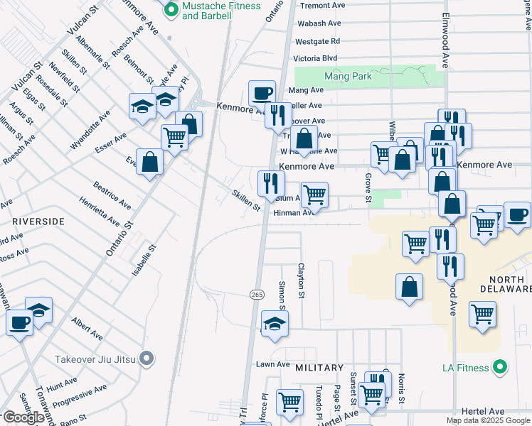 map of restaurants, bars, coffee shops, grocery stores, and more near Military Road & Skillen Street in Buffalo