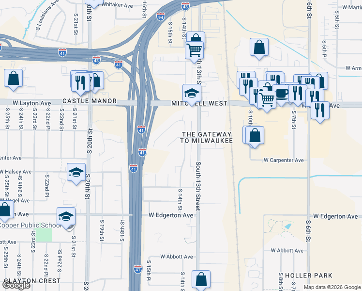 map of restaurants, bars, coffee shops, grocery stores, and more near 4821 South 14th Street in Milwaukee