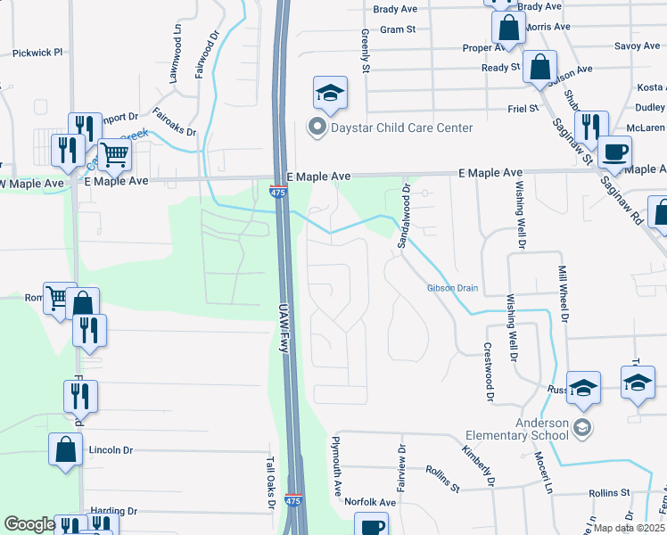 map of restaurants, bars, coffee shops, grocery stores, and more near 1330 East Maple Avenue in Flint
