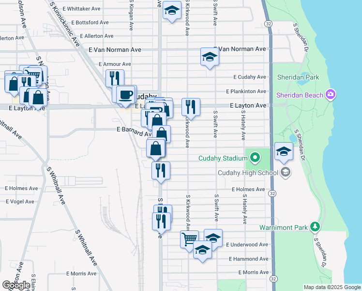 map of restaurants, bars, coffee shops, grocery stores, and more near 3658 East Munkwitz Avenue in Cudahy