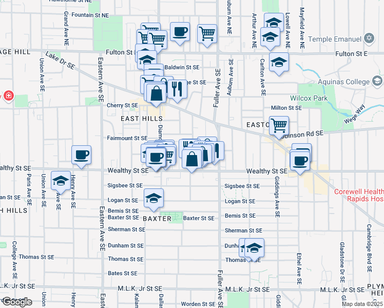 map of restaurants, bars, coffee shops, grocery stores, and more near 341 Calkins Avenue Southeast in Grand Rapids