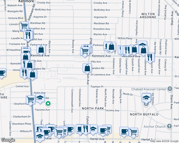 map of restaurants, bars, coffee shops, grocery stores, and more near 307 Sanders Road in Buffalo