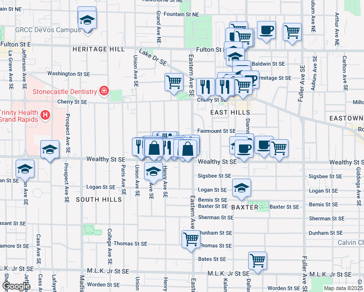 map of restaurants, bars, coffee shops, grocery stores, and more near 332 Charles Avenue Southeast in Grand Rapids