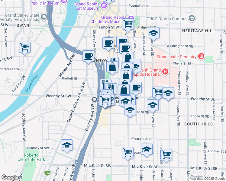 map of restaurants, bars, coffee shops, grocery stores, and more near 315 Commerce Avenue Southwest in Grand Rapids