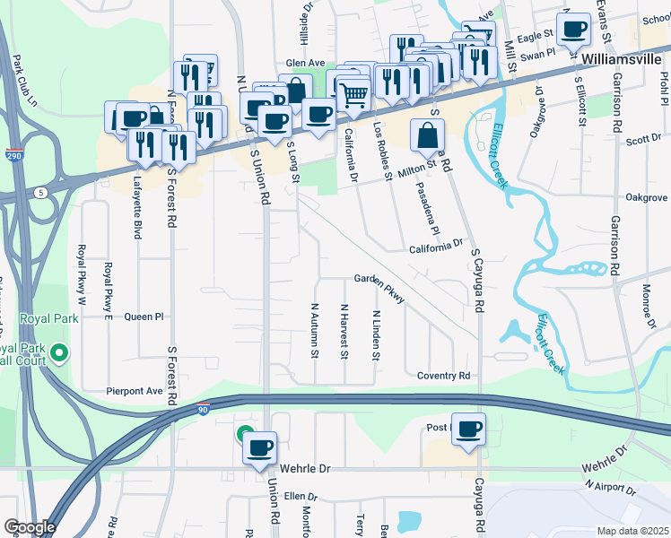 map of restaurants, bars, coffee shops, grocery stores, and more near 54 Garden Parkway in Buffalo