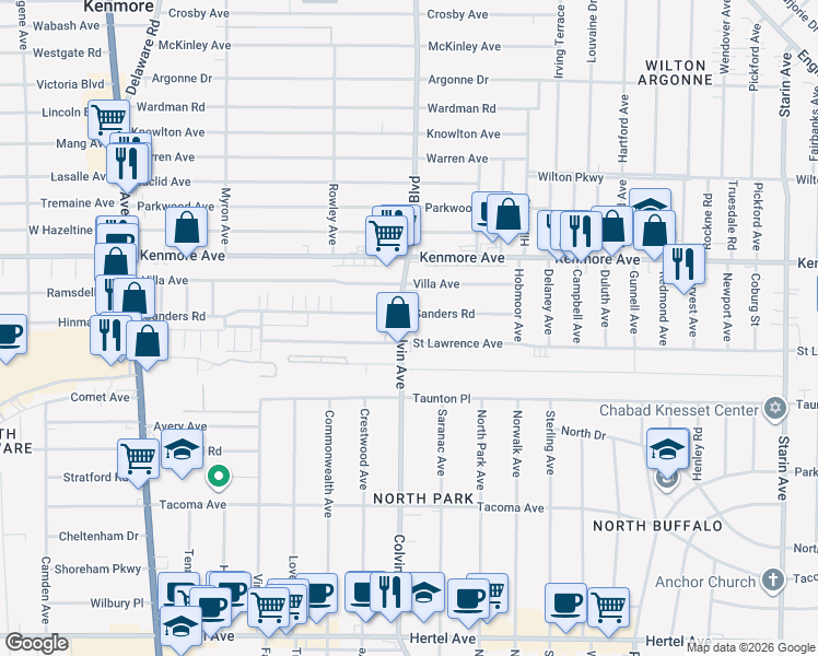 map of restaurants, bars, coffee shops, grocery stores, and more near 307 Sanders Road in Buffalo