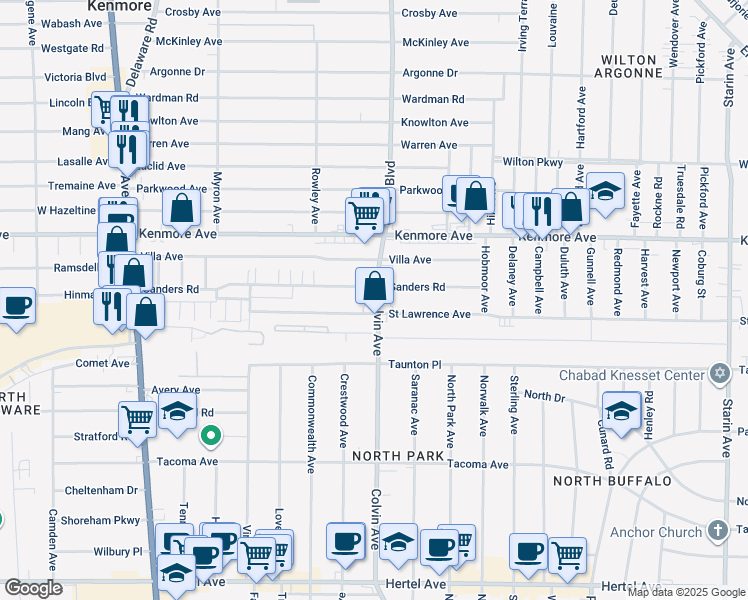 map of restaurants, bars, coffee shops, grocery stores, and more near 265 Sanders Road in Buffalo