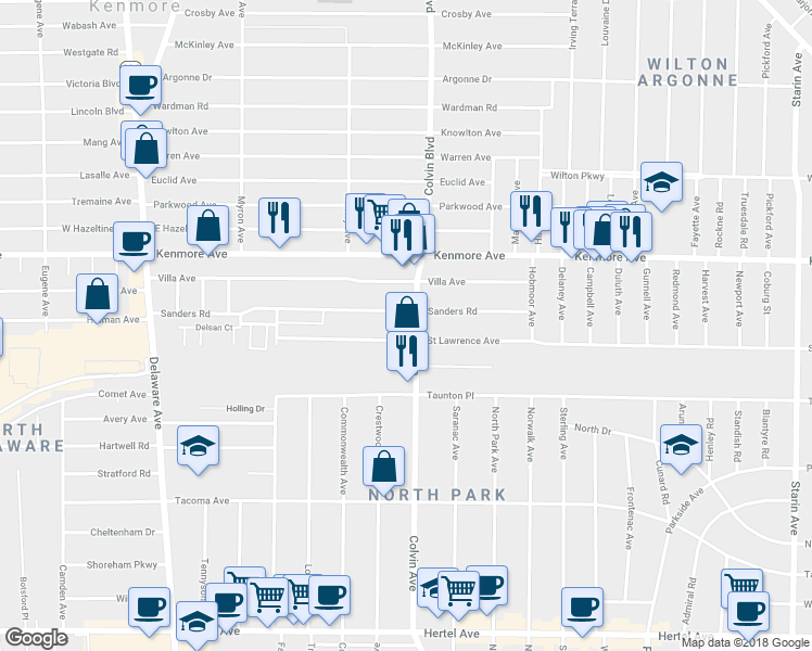 map of restaurants, bars, coffee shops, grocery stores, and more near 265 Sanders Road in Buffalo