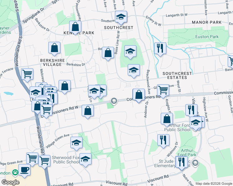 map of restaurants, bars, coffee shops, grocery stores, and more near 339 Commissioners Road West in London