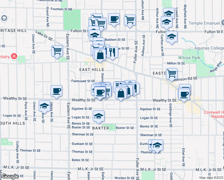 map of restaurants, bars, coffee shops, grocery stores, and more near 317 Freyling Place Southeast in Grand Rapids