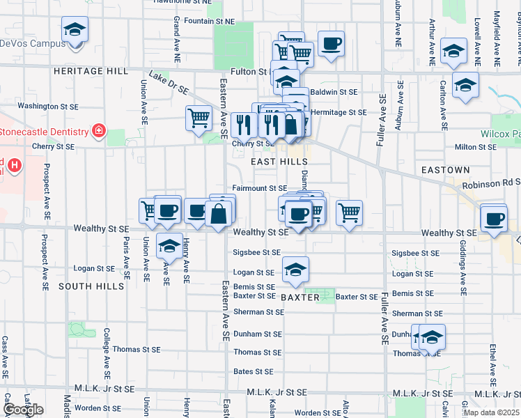 map of restaurants, bars, coffee shops, grocery stores, and more near 315 Eureka Avenue Southeast in Grand Rapids