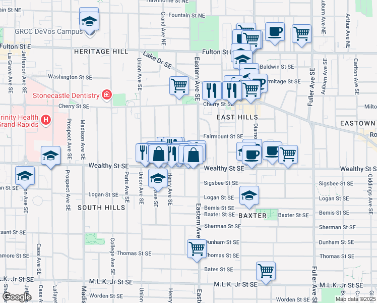 map of restaurants, bars, coffee shops, grocery stores, and more near 316 Charles Avenue Southeast in Grand Rapids